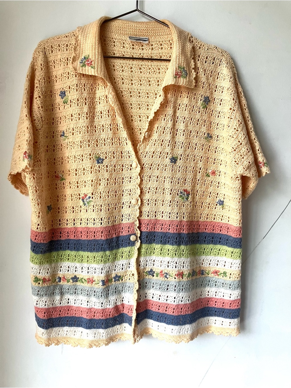 Vintage Peach Crochet Button-Down Shirt with Multicolor Stripes L/XL